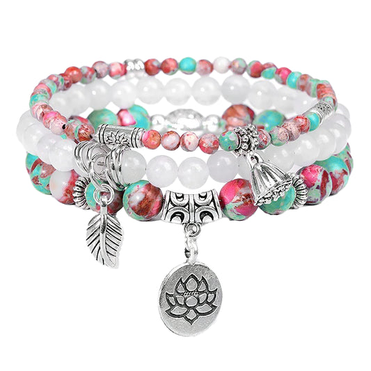 Pink Green & White Charm Bracelet Gemstone Bangle Healing Stones. Emperor Stone and White Agate