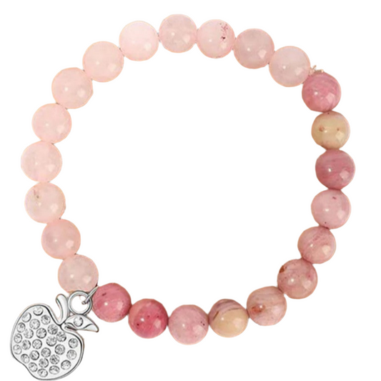 Pink beaded bracelet with a silver apple charm