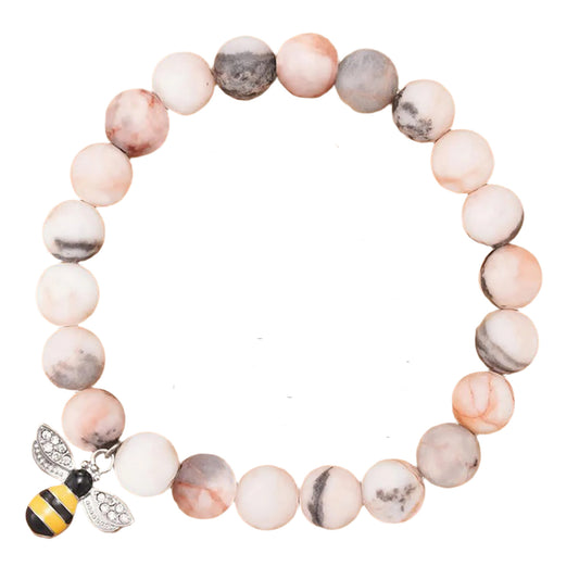 Pink Zebra Jasper Bangle – Gift with Bee Charm for Calm, Gratitude & Emotional Support