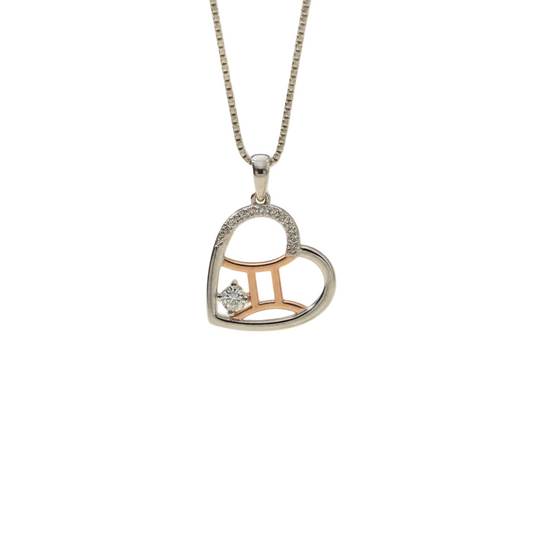 Zodiac Gemini Heart Pendant on a 925 Sterling Silver Chain With Rose Gold Detailling, and Diamond Colour Zircon Gemstones