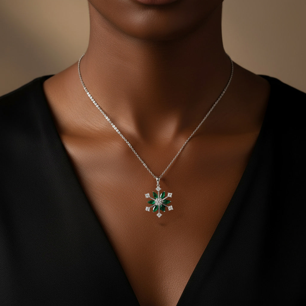 Sterling Silver Handmade Snowflake Pendant Necklace – White & Green Gemstones – Winter Wedding, Seasonal Gift & Nature-Inspired Jewelieryy