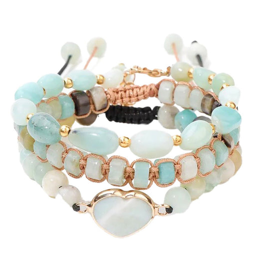 3 aqua blue and light grey amazonite beaded bracelets