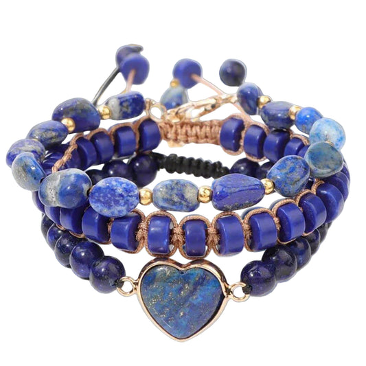 Lapis Lazuli Bracelet Trio – Crystal Heart Set for Intuition, Truth & Inner Wisdom