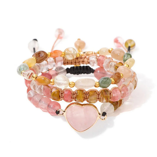Strawberry Quartz Bracelet Trio – Heart Crystal Set for Self-Love, Inner Healing & Feminine Energy