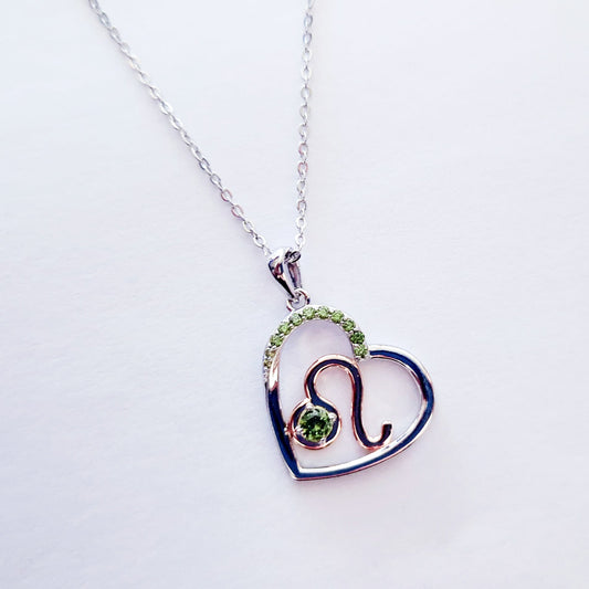 Zodiac Leo Heart Pendant on a 925 Sterling Silver Chain With Rose Gold Detailling, and Peridot Zircon Gemstones