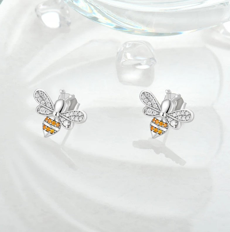 925 Sterling Silver Bee Stud Earrings with Zircon Stones – Nature-Inspired Design