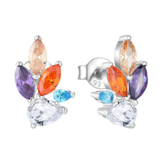 Pair of 925 Sterling Silver Stud Earrings with Multicoloured Sparkling Gemstones – Peach, Lavender, Blue & Orange