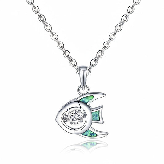 Sterling Silver Fish inlaid with Fire Opal and Solitaire Zircon – Silver Pendant Necklace– Boho, Celestial, 45cm Chain