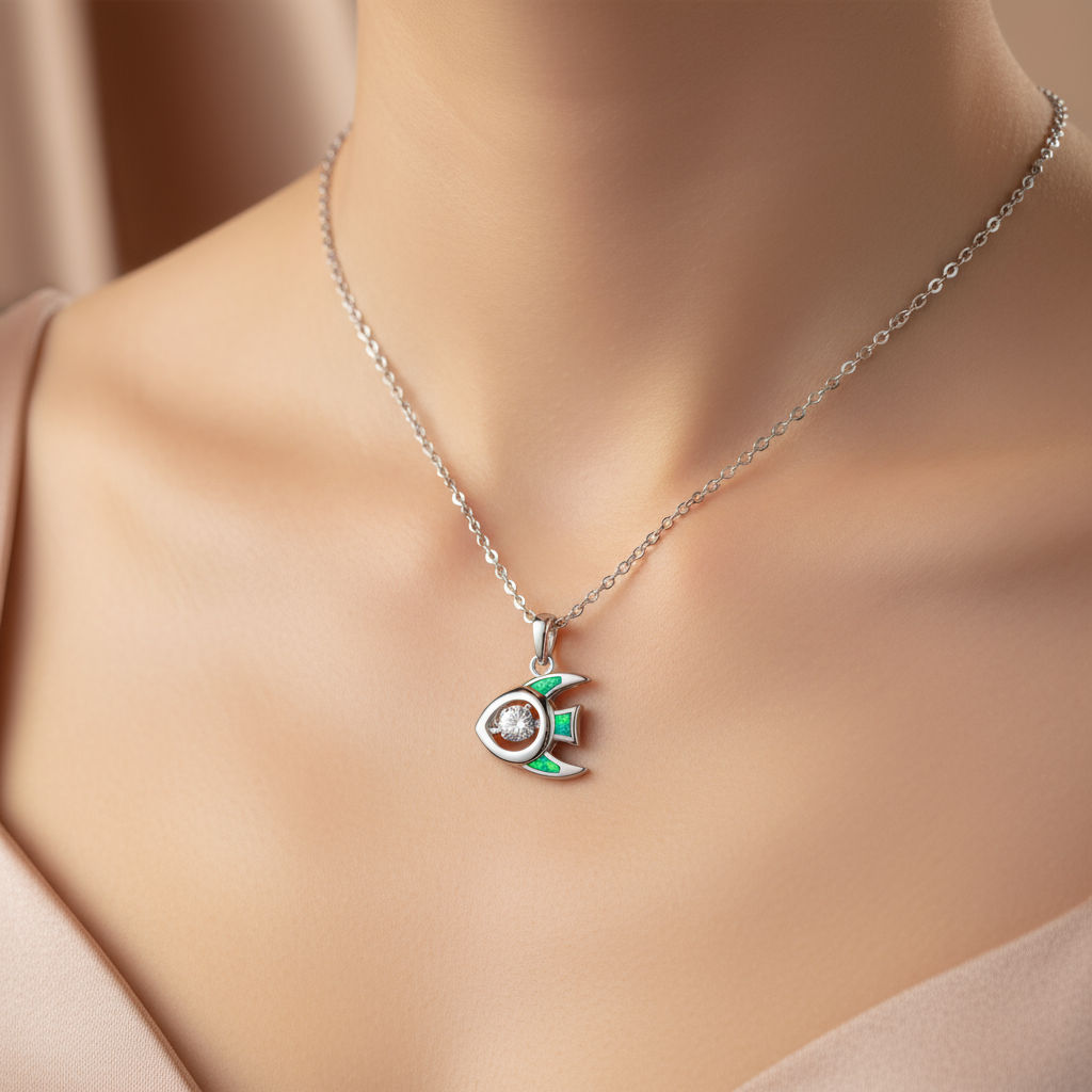 Sterling Silver Fish inlaid with Fire Opal and Solitaire Zircon – Silver Pendant Necklace– Boho, Celestial, 45cm Chain