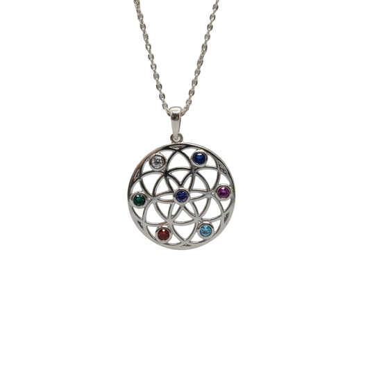 Handmade Sterling Silver Flower of Life Pendant with Multicoloured Zircon Stones