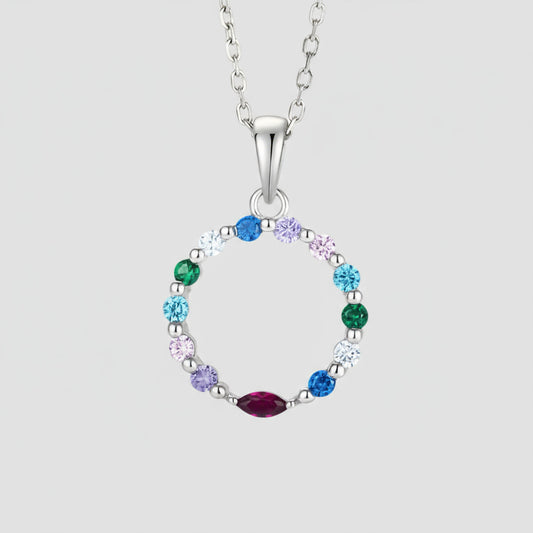 925 Silver Circle Pendant Necklace with 14 faceted multi coloured Gemstones.