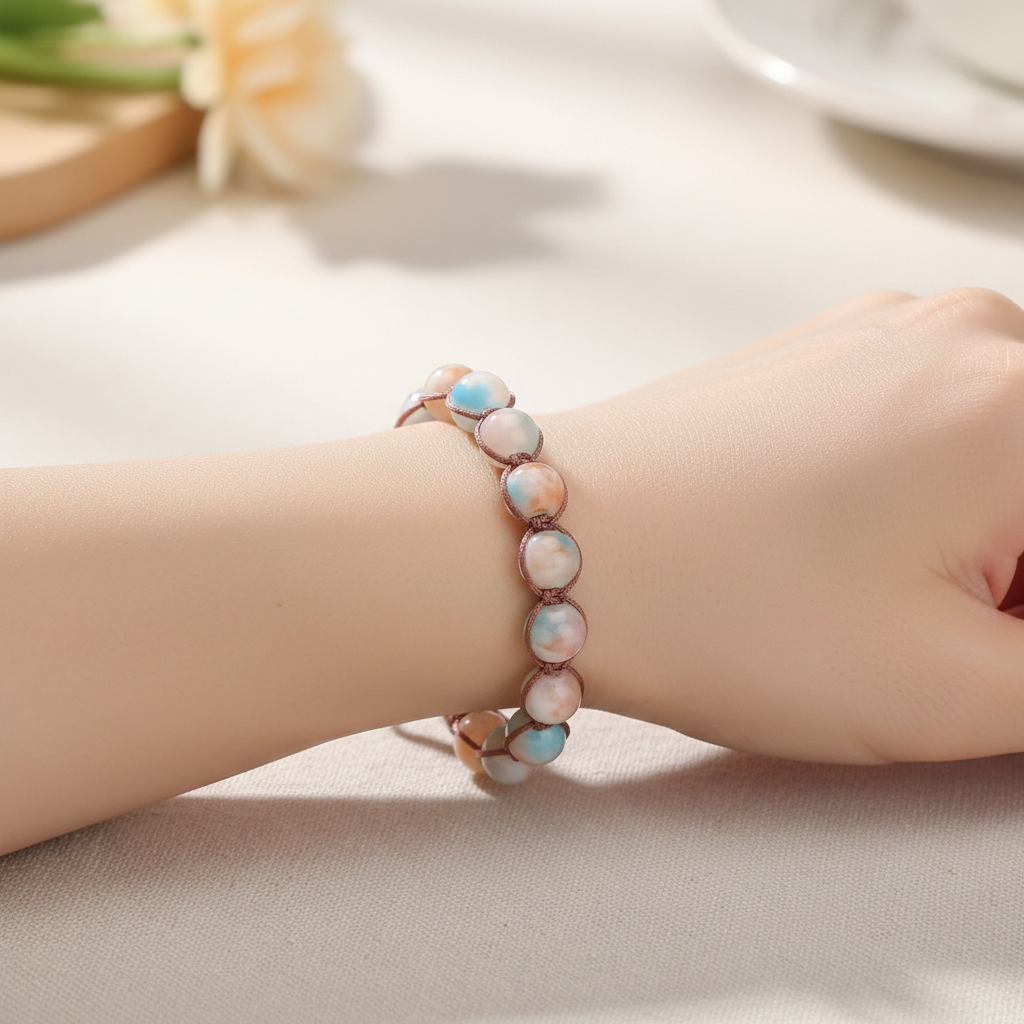 Jasper bracelet Peach Cream & Blue Bracelet 10mm beads with sunburst brass closure
