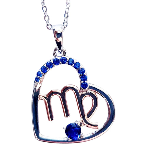 Zodiac Virgo Heart Pendant on a 925 Sterling Silver Chain With Rose Gold Detailling, and Sapphire Blue Zircon Gemstones