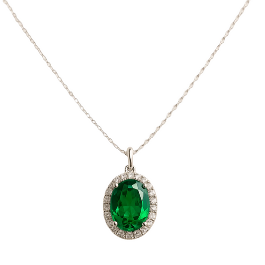 Sterling Silver Handmade Oval Halo Pendant Necklace An Emerald Green Gemstone Solitaire Surrounded by a Halo of Diamond Zircons