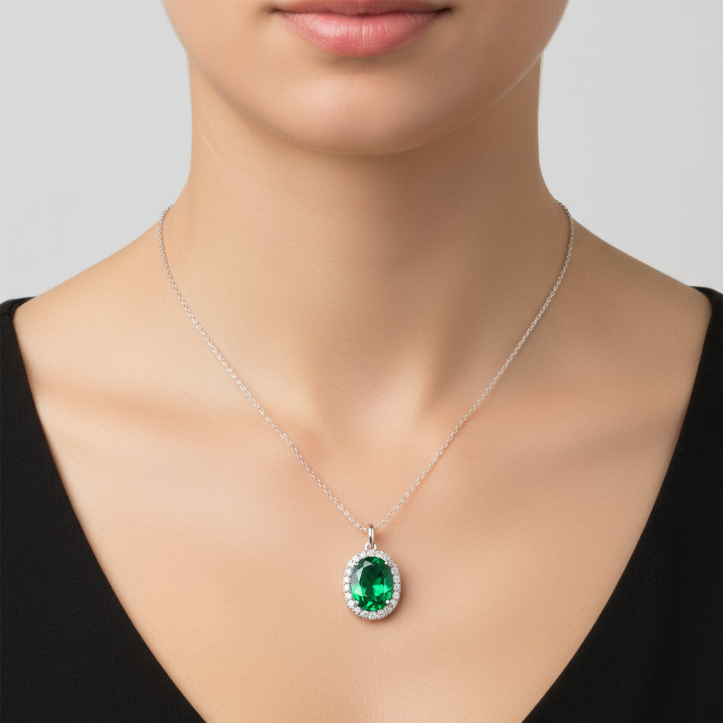Sterling Silver Handmade Oval Halo Pendant Necklace An Emerald Green Gemstone Solitaire Surrounded by a Halo of Diamond Zircons