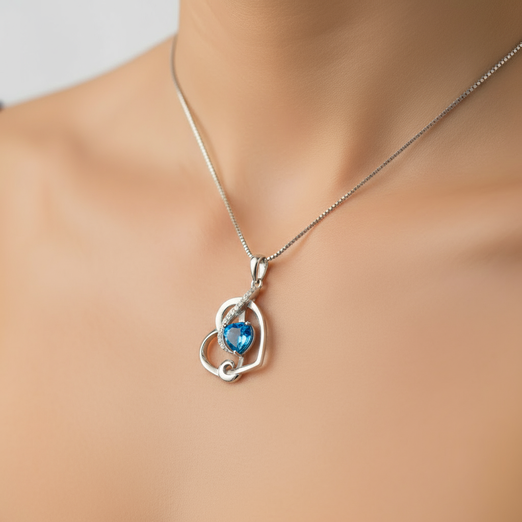 Sterling Silver Handmade Treble clef & Heart shaped pendant with aquamarine gemstone. A necklace for music lovers