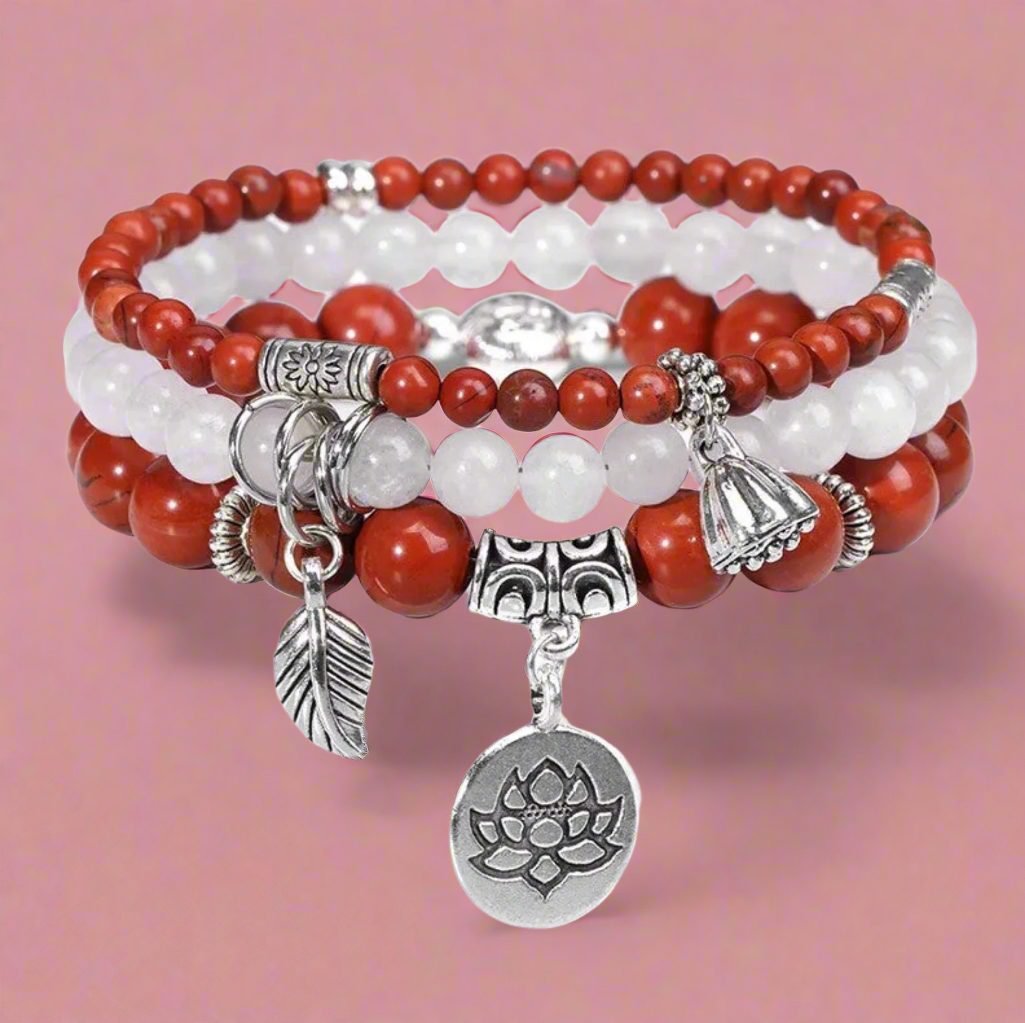Golden Red Sandstone and White Agate Natural Stone Stack Bracelet with Silver Flower Charms