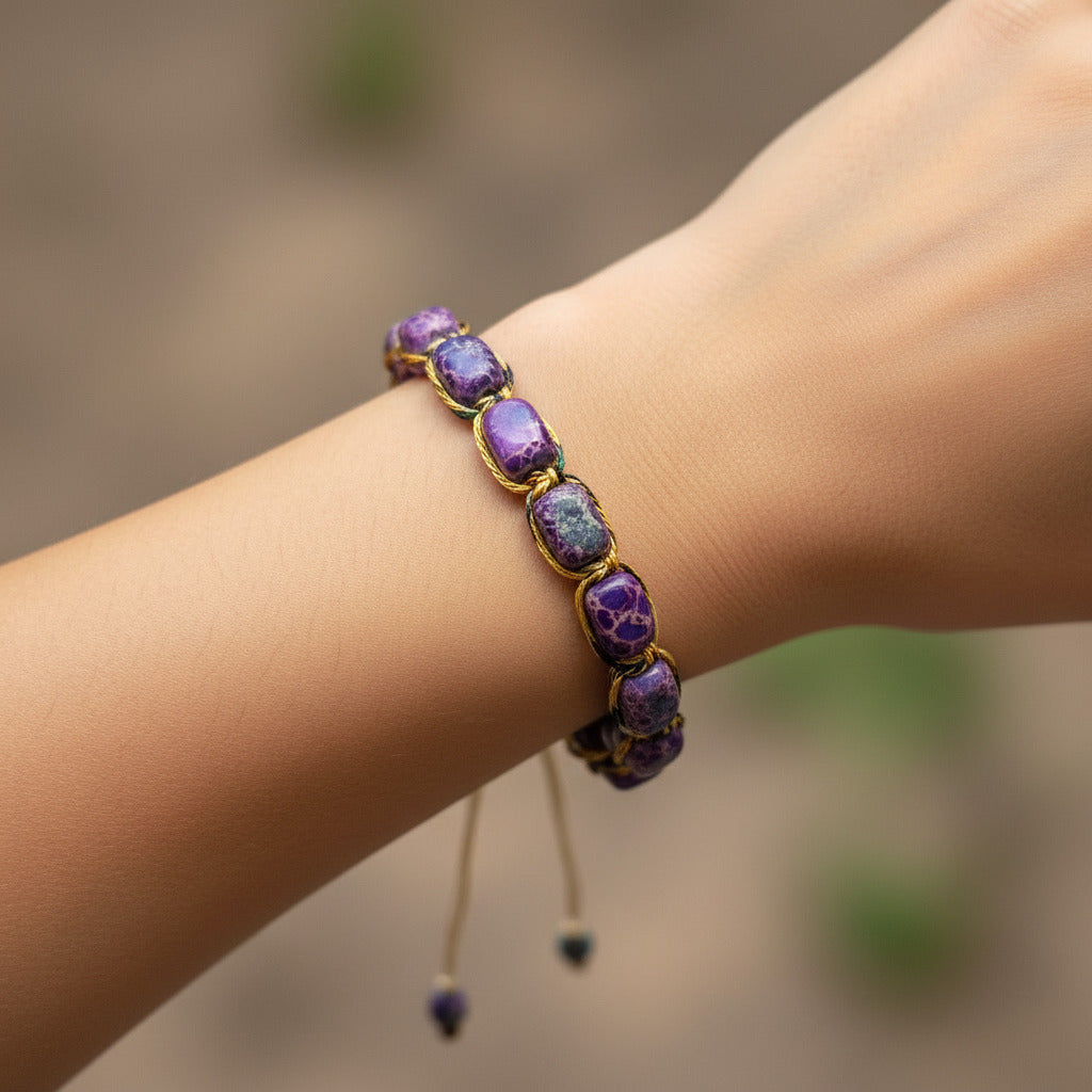 Purple beaded bracelet on a white cylindrical object