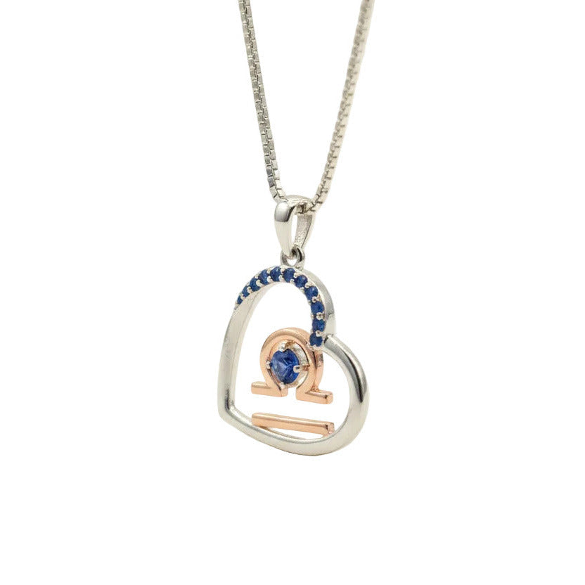 Zodiac Libra Heart Pendant on a 925 Sterling Silver Chain With Rose Gold Detailling, and Sapphire Blue Zircon Gemstones