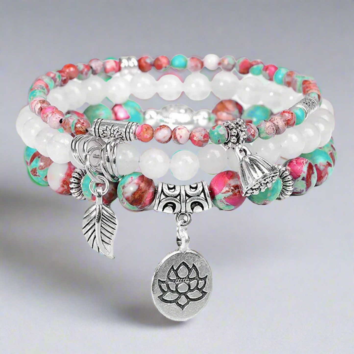 Pink Green & White Charm Bracelet Gemstone Bangle Healing Stones. Emperor Stone and White Agate