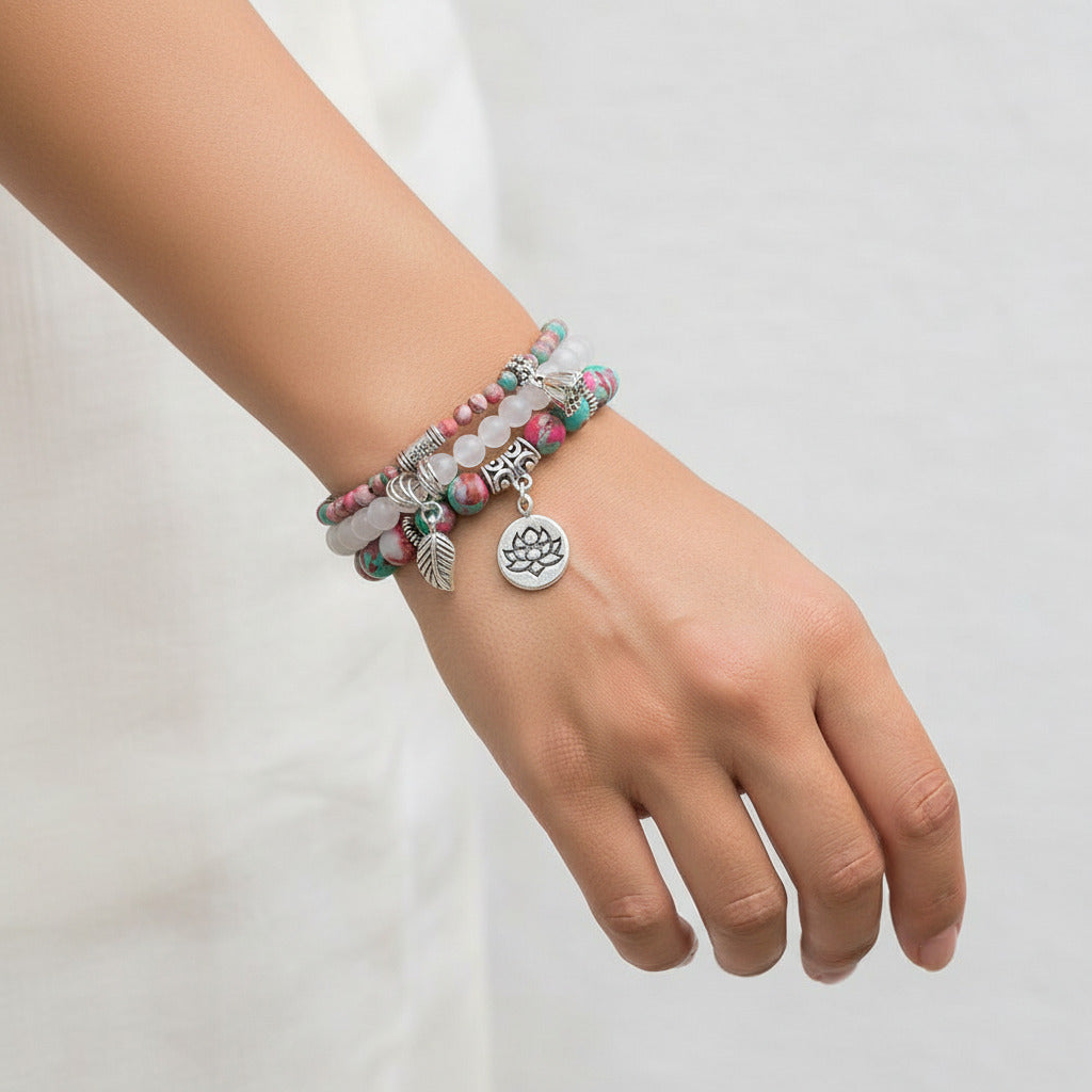 Pink Green & White Charm Bracelet Gemstone Bangle Healing Stones. Emperor Stone and White Agate