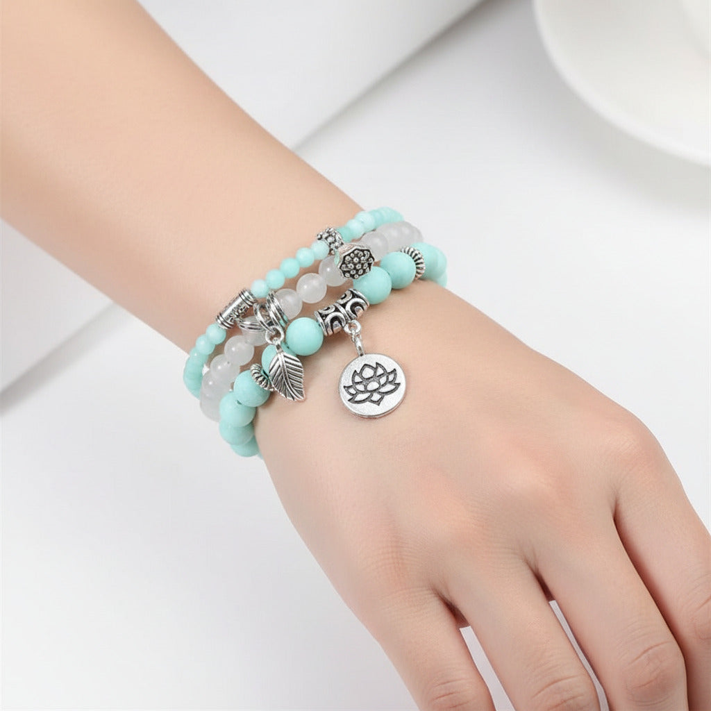 Light Blue Jade and White Agate Natural Stone Stack Bracelet with Silver Flower Charms