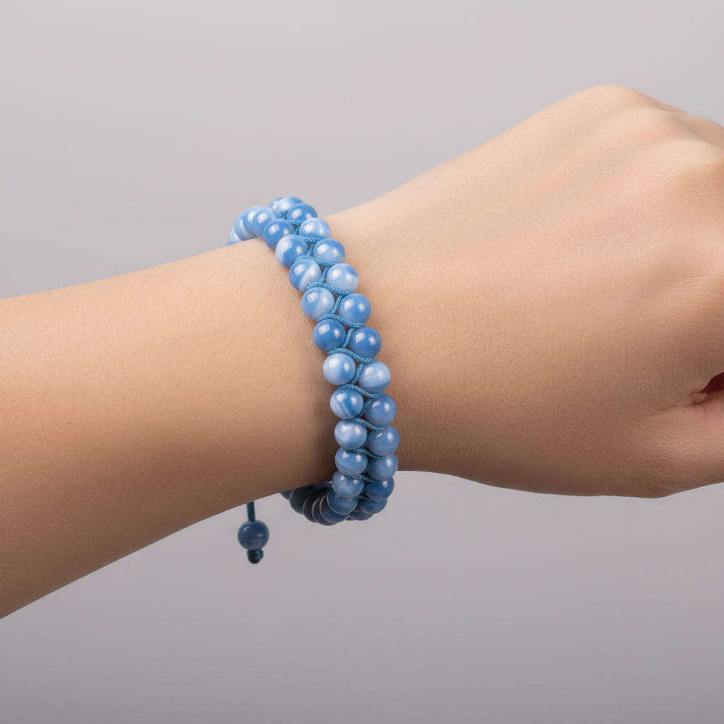 Blue Agate Bracelet,6mm Beads Adjustable Macrame Cord Handmade Gemstone Jewellery