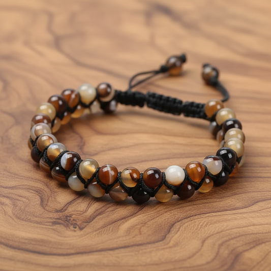 Beaded bracelet with brown, black, and beige beads on a white background