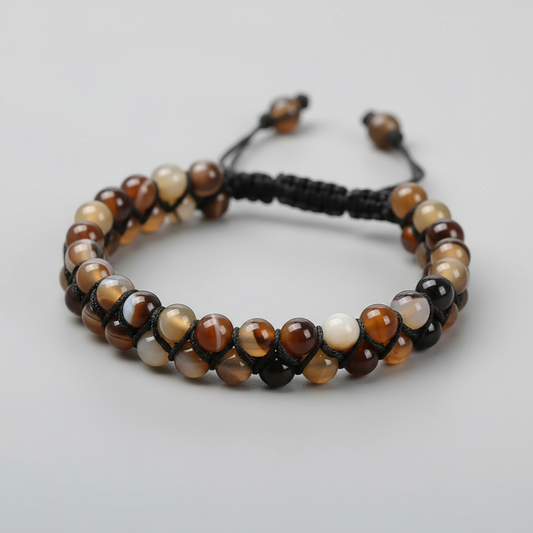 Coffee Striped Agate Bracelet,6mm Beads Adjustable Macrame Cord Handmade Gemstone Jewellery