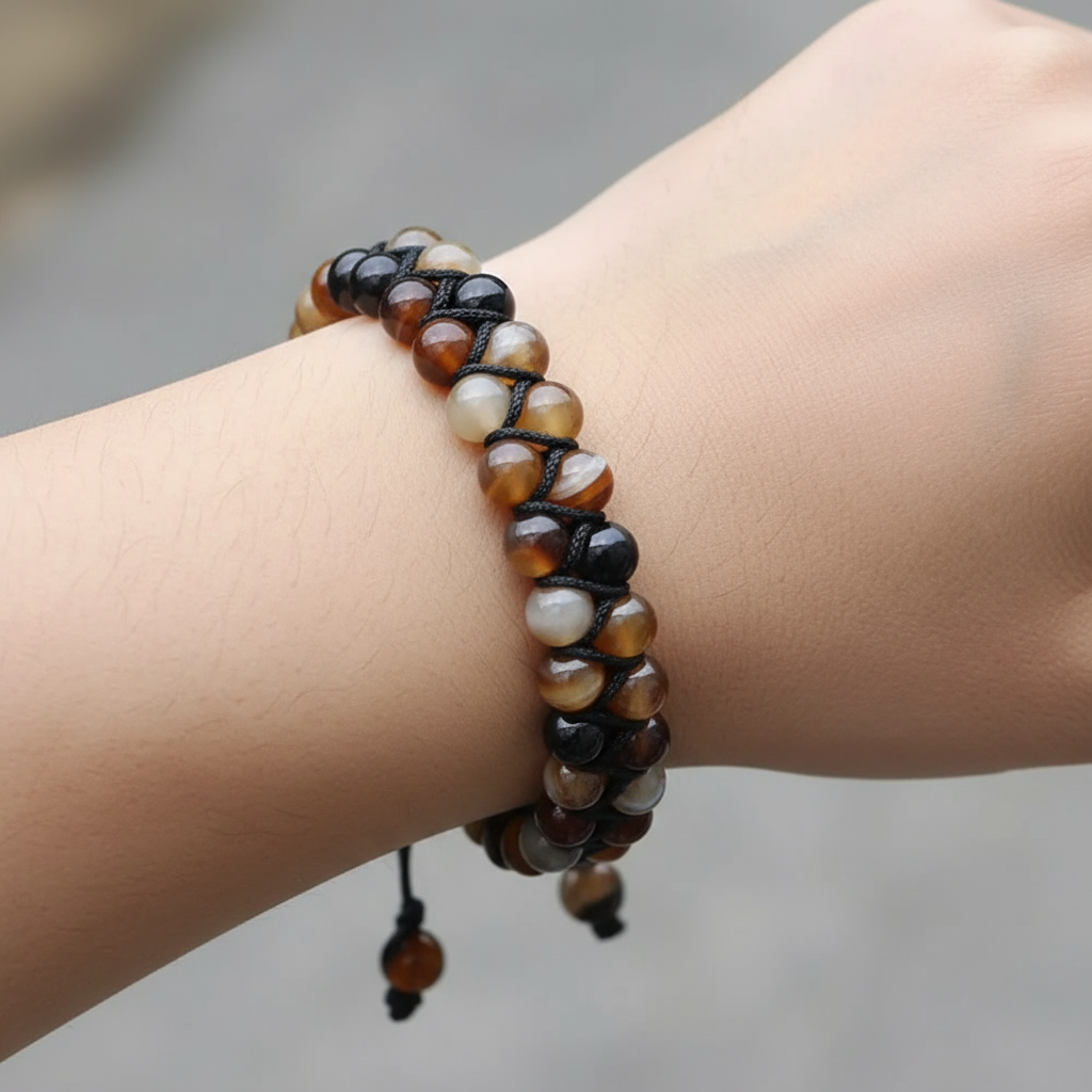 Coffee Striped Agate Bracelet,6mm Beads Adjustable Macrame Cord Handmade Gemstone Jewellery