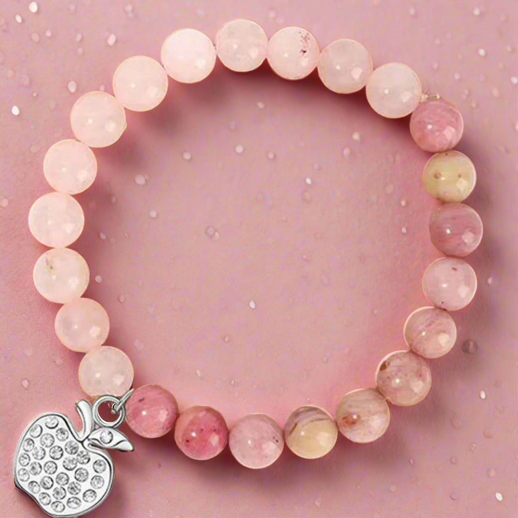 Rose Quartz & Rhodochrosite Pink Bracelet – Gift with Silver Apple Charm for Love, Healing & Heartfelt Appreciation