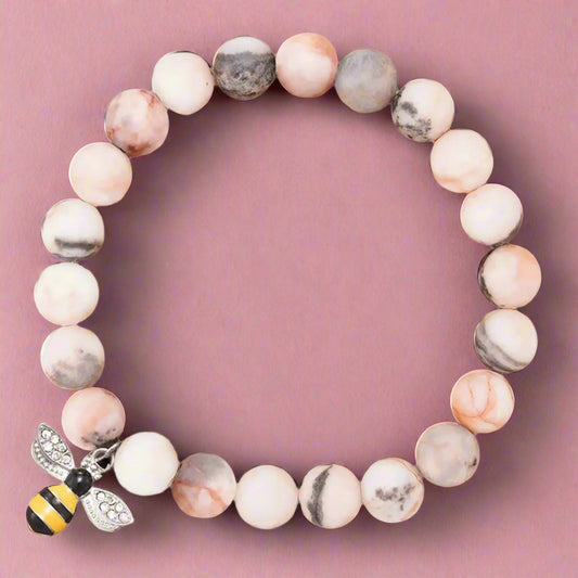 Pink Zebra Jasper Bangle –  Gift with Bee Charm for Calm, Gratitude & Emotional Support