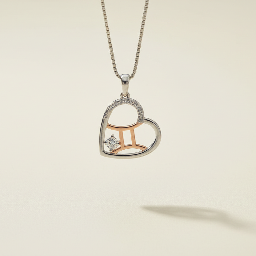Heart-shaped pendant with zodiac sign design on a beige background