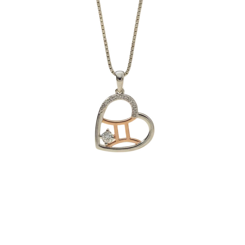 Zodiac Gemini Heart Pendant on a 925 Sterling Silver Chain With Rose Gold Detailling, and Diamond Colour Zircon Gemstones