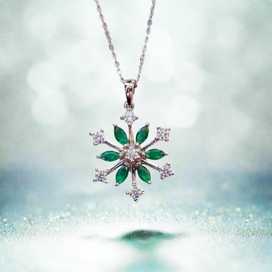 Sterling Silver Handmade Snowflake Pendant Necklace – White & Green Gemstones – Winter Wedding, Seasonal Gift & Nature-Inspired Jewelieryy
