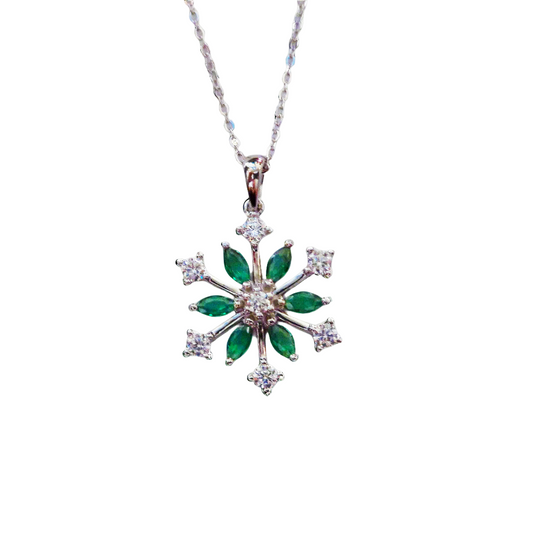 Sterling Silver Handmade Snowflake Pendant Necklace – White & Green Gemstones – Winter Wedding, Seasonal Gift & Nature-Inspired Jewelieryy