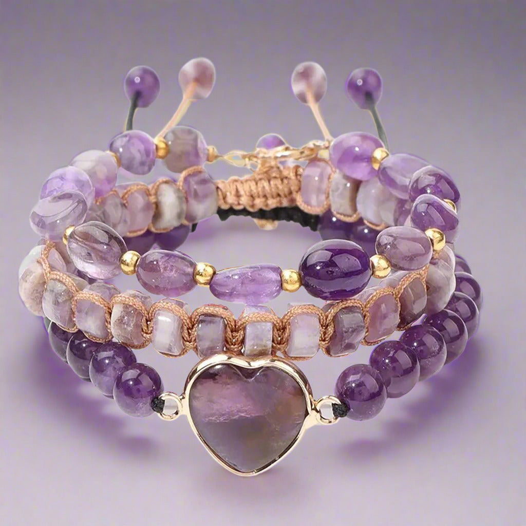 3 amethyst gemstone  bracelets adjustable