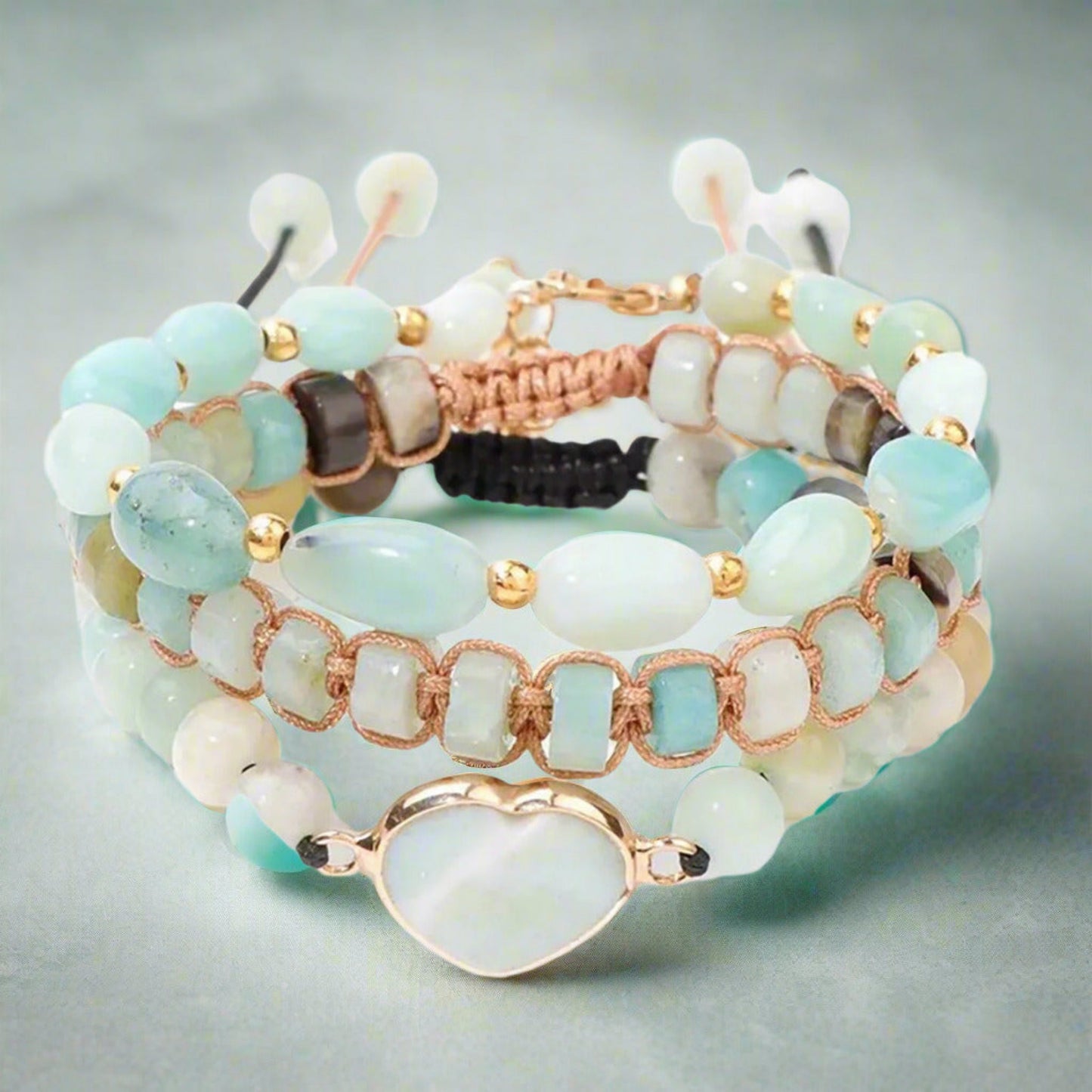 3 aqua blue and light grey amazonite beaded bracelets