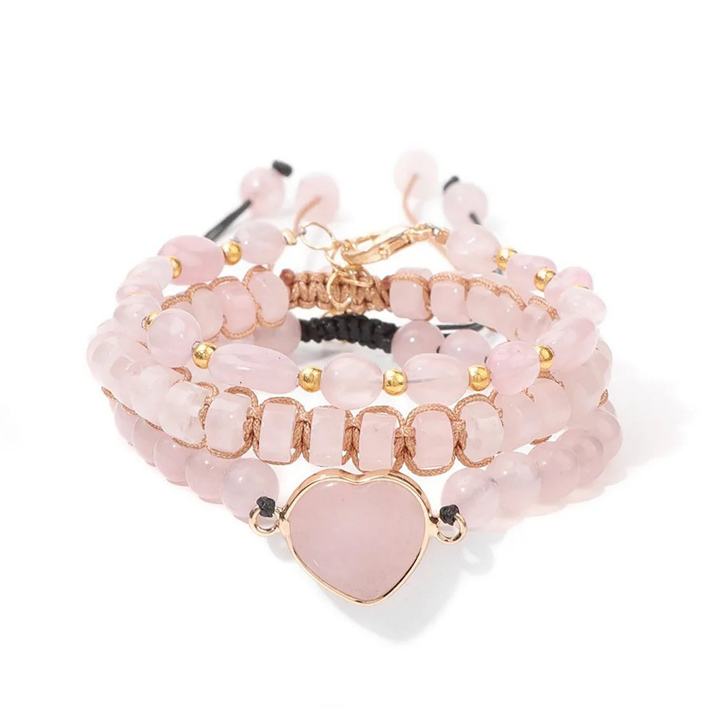 Rose Quartz Bracelet Trio – Crystal Heart Set for Love, Compassion & Emotional Healing