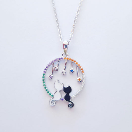 Wishing Kittens Cats Silver Pendant Shooting Star Charms & Rainbow Gemstones, Enamel Kitten Necklace for Cosmic Dreamers