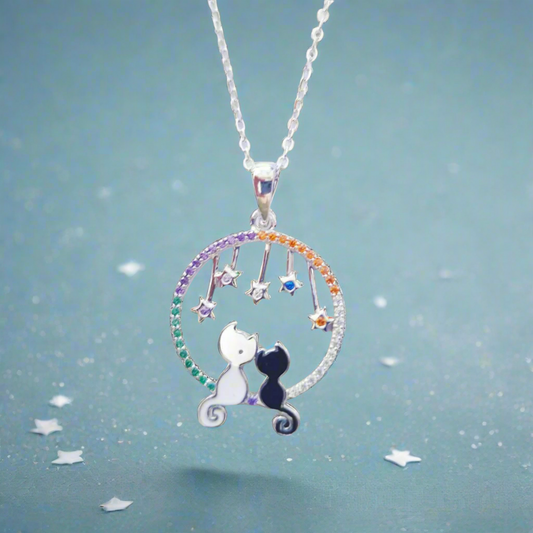 Wishing Kittens Cats Silver Pendant Shooting Star Charms & Rainbow Gemstones, Enamel Kitten Necklace for Cosmic Dreamers