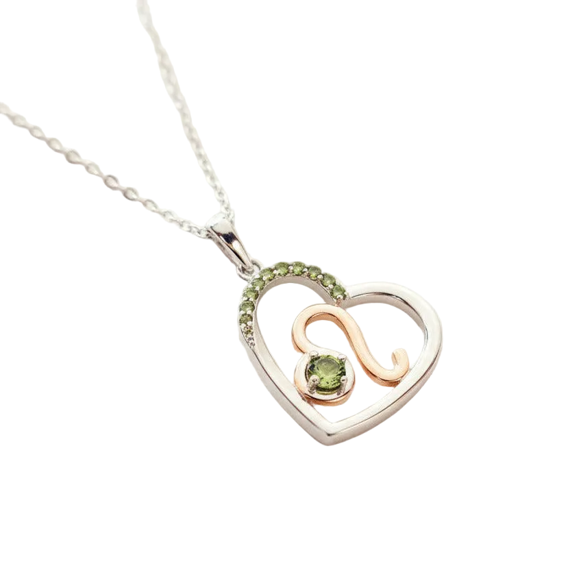 Zodiac Leo Heart Pendant on a 925 Sterling Silver Chain With Rose Gold Detailling, and Peridot Zircon Gemstones