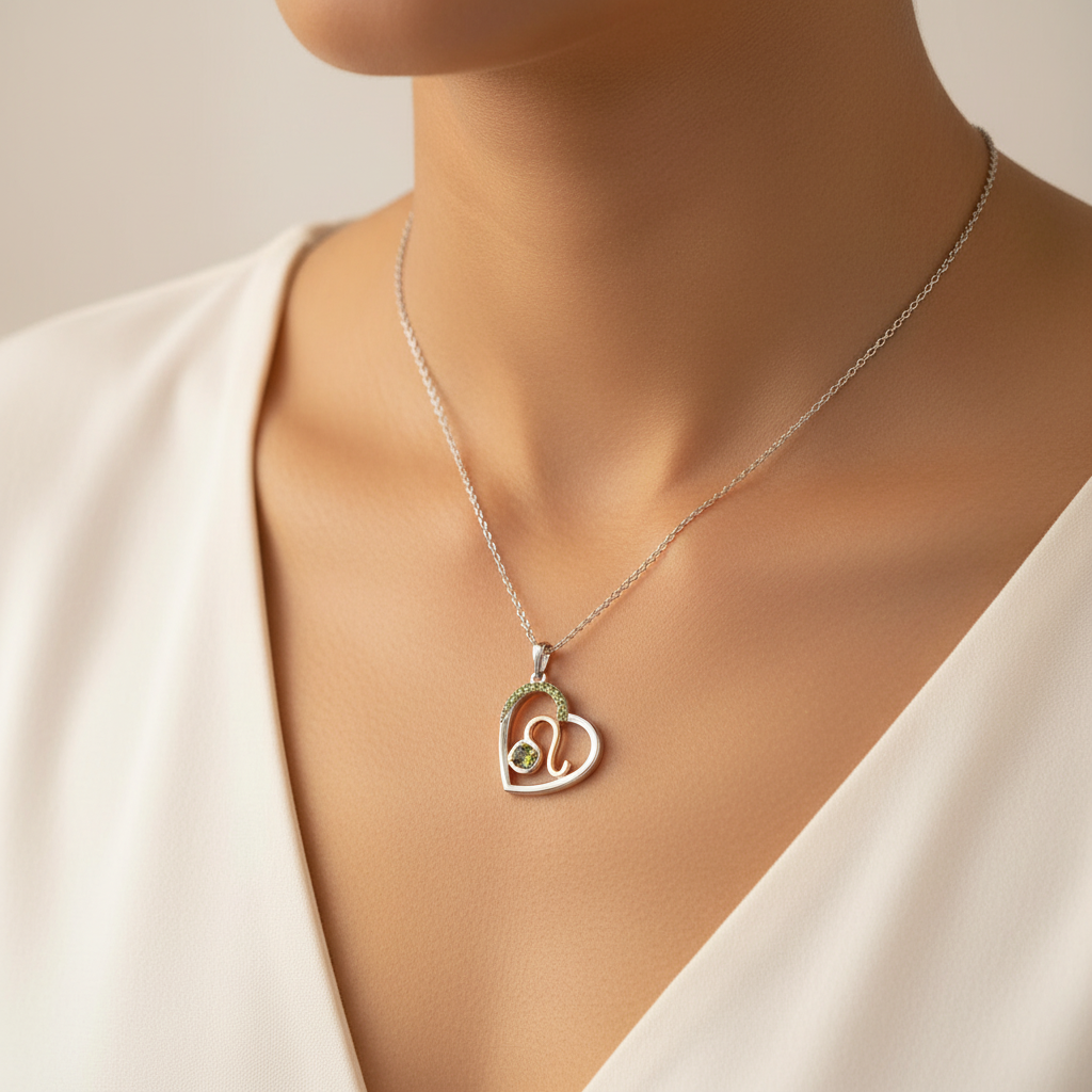 Zodiac Leo Heart Pendant on a 925 Sterling Silver Chain With Rose Gold Detailling, and Peridot Zircon Gemstones