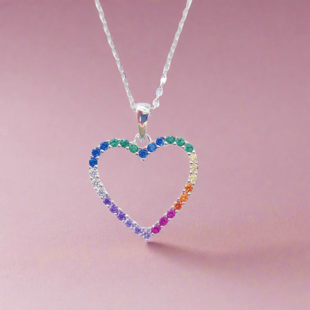 Sterling Silver Heart Pendant with Rainbow Coloured Gemstones  The Fine Silver Rope Chain is adjustable.