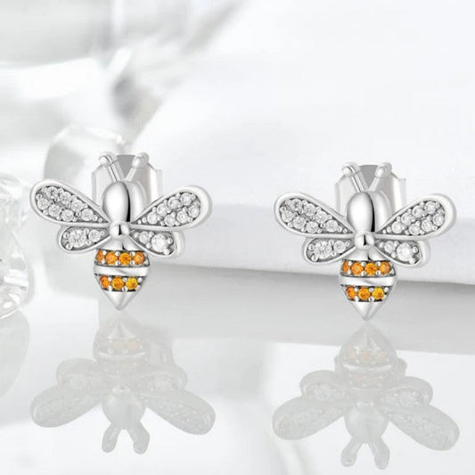 925 Sterling Silver Bee Stud Earrings with Zircon Stones – Nature-Inspired Design