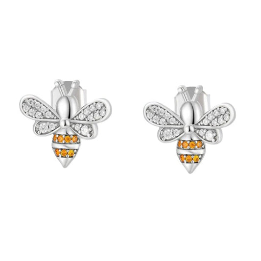 Silver bee-shaped earrings with orange accents on a white background