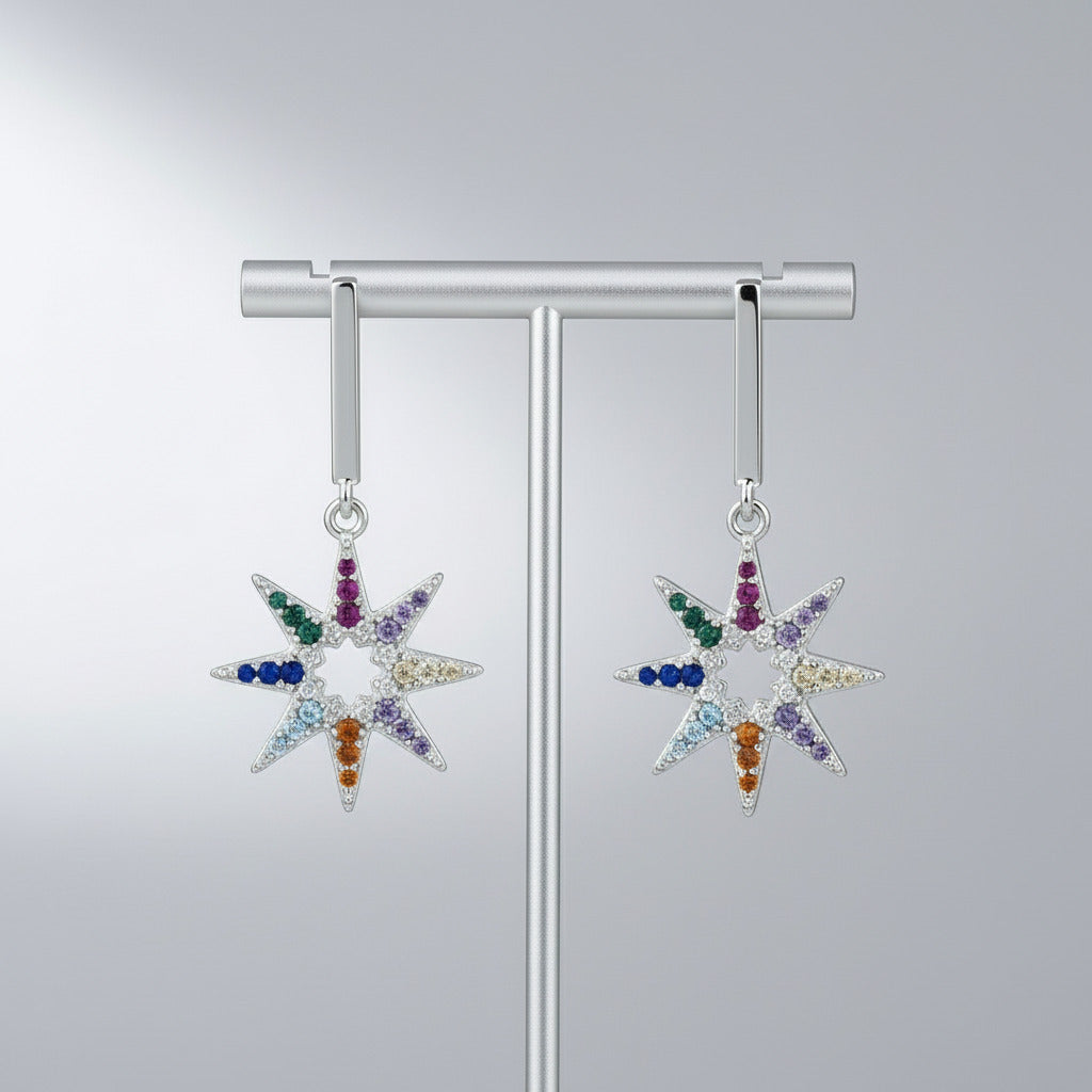 8 pointed star silver earrings decorated with coloured gemstones