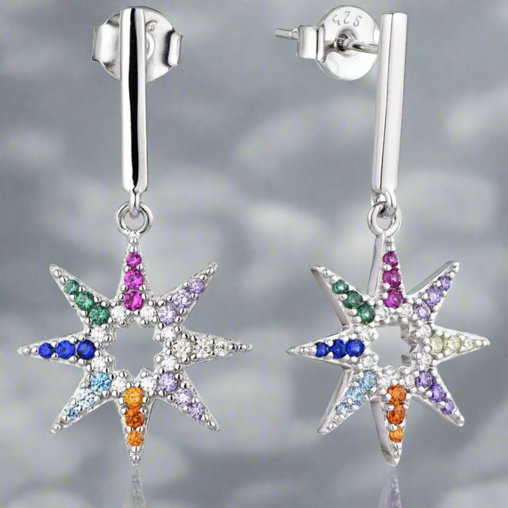 8 pointed star silver earrings decorated with coloured gemstones