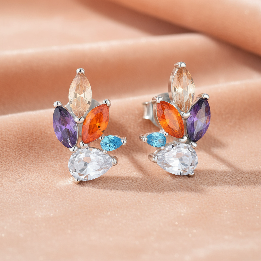 Pair of 925 Sterling Silver Stud Earrings with Multicoloured Sparkling Gemstones – Peach, Lavender, Blue & Orange