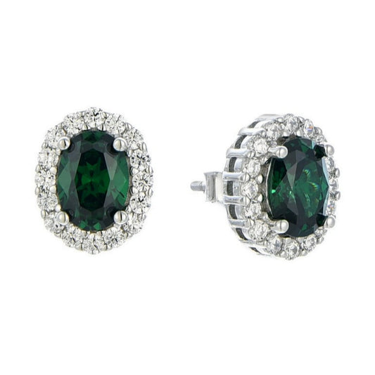 Pair of green gemstone earrings with silver accents on a white background